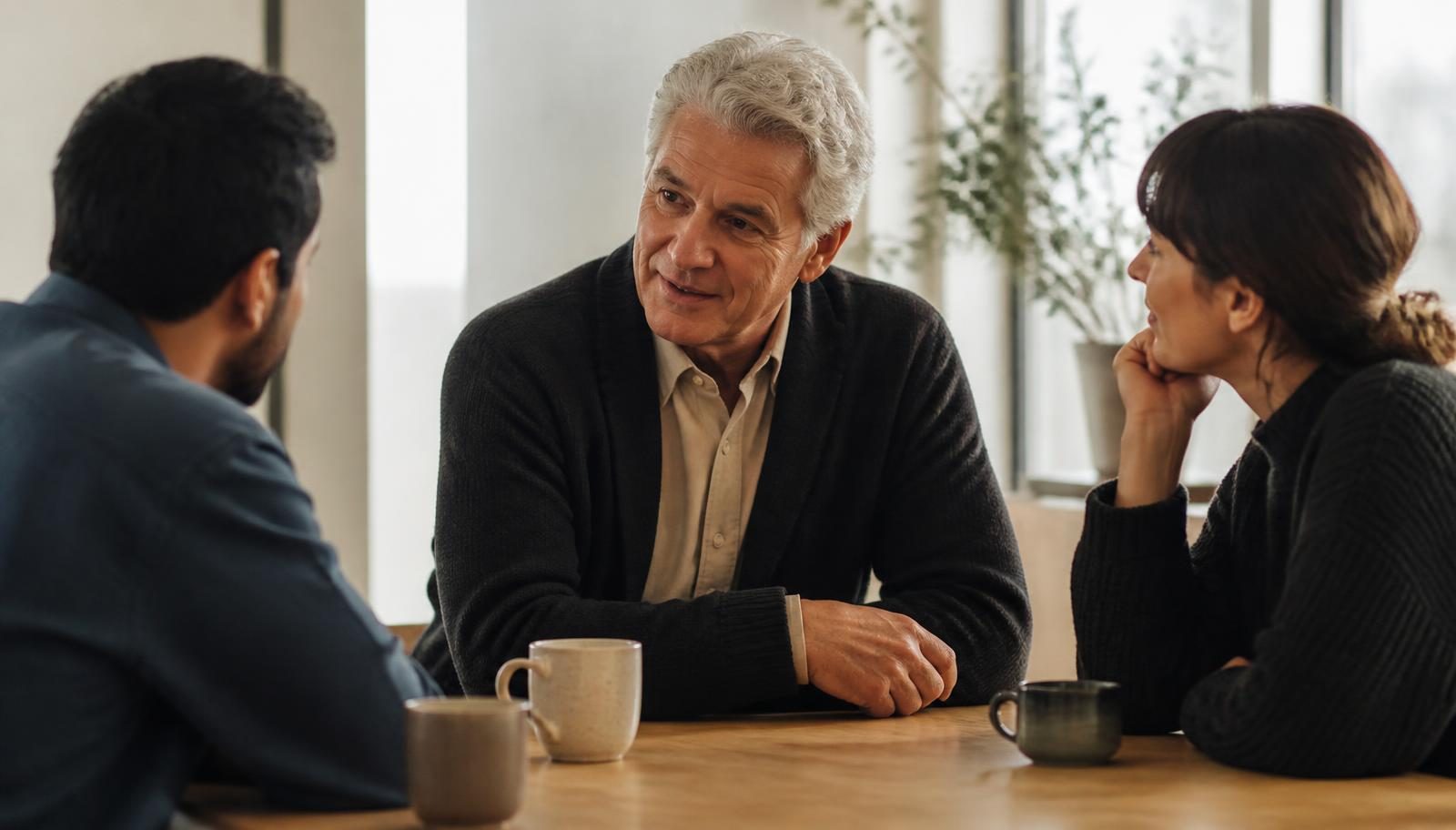 An experienced entrepreneur in his early sixties listening closely during a relaxed conversation with two other adults around a wooden table in a bright, naturally lit community space.