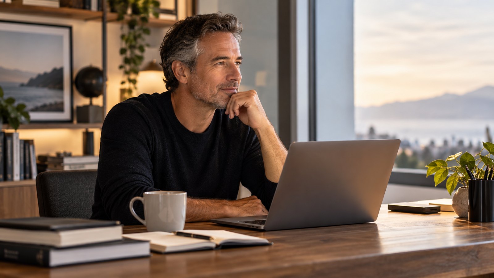 An experienced professional sitting at a wooden desk with a laptop, looking out a window in warm evening light
