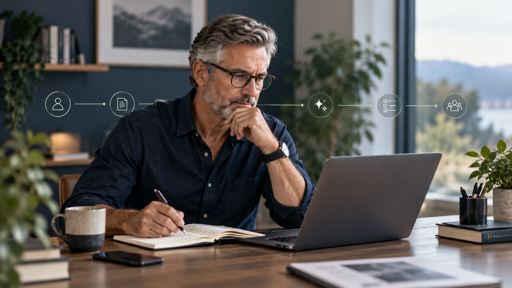 Experienced business owner reviewing workflows with AI-assisted process visualization.