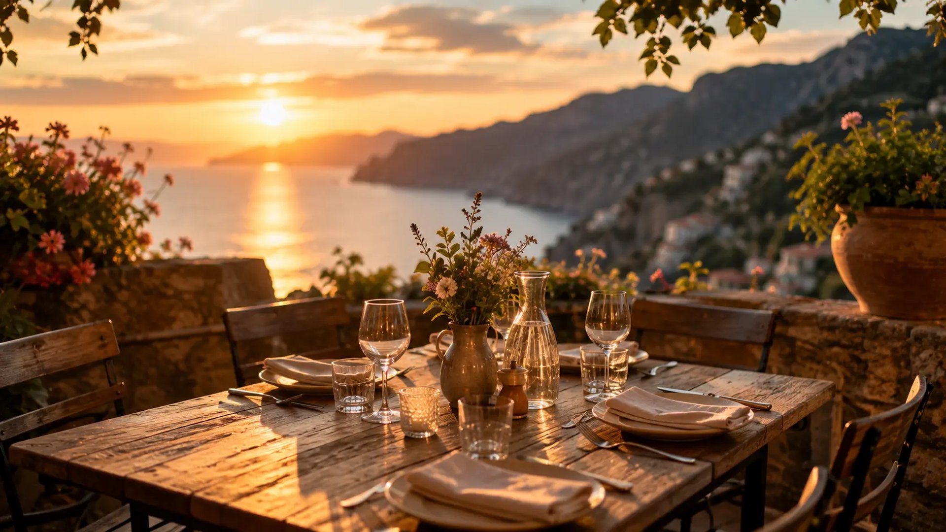 Outdoor table prepared for guests on a coastal terrace at sunset