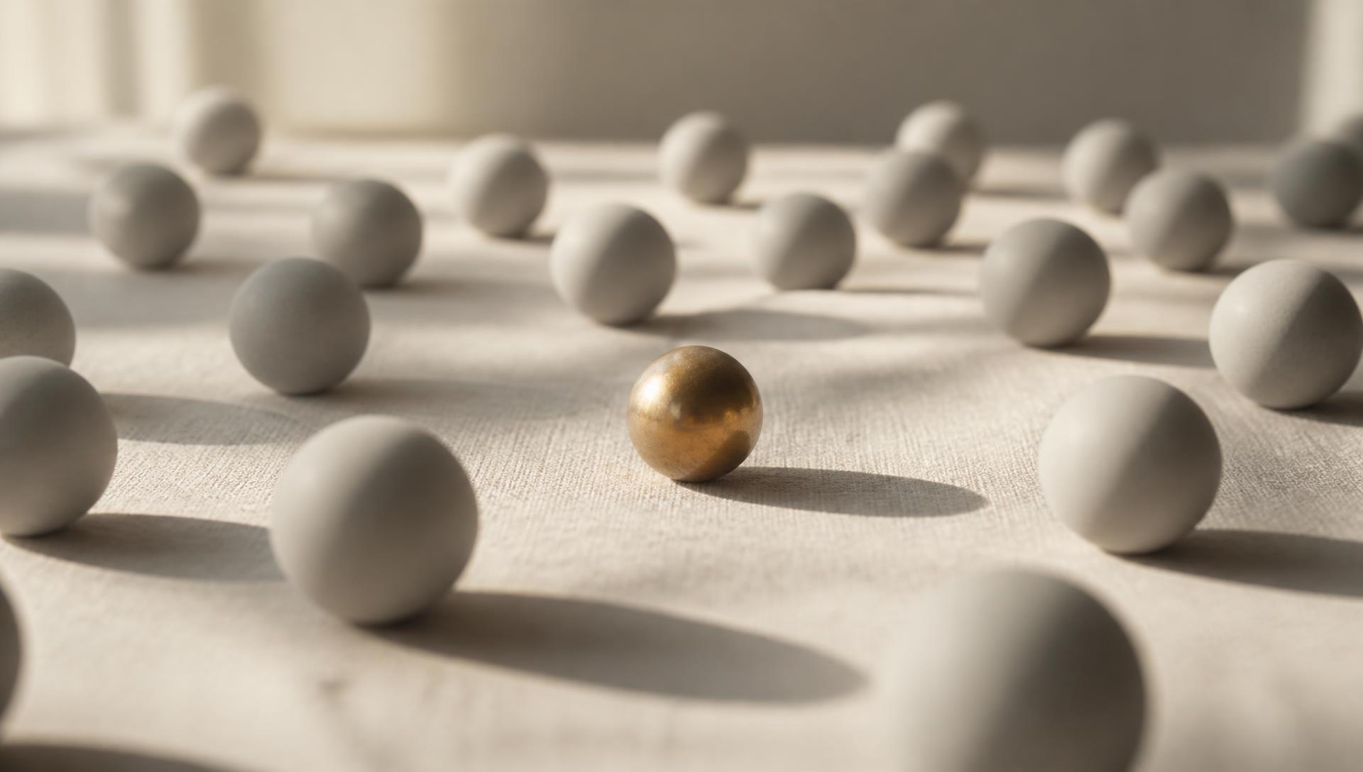 A single brass sphere in sharp focus on warm off-white linen, surrounded by dozens of identical pale spheres blurred out of focus