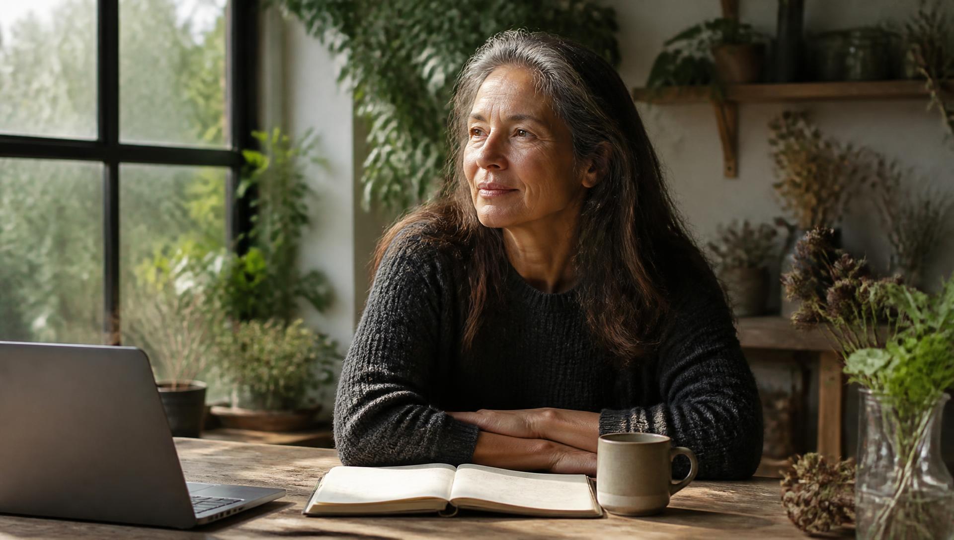A woman in her late fifties working at a wooden table beside a bright window in a plant-filled home studio.