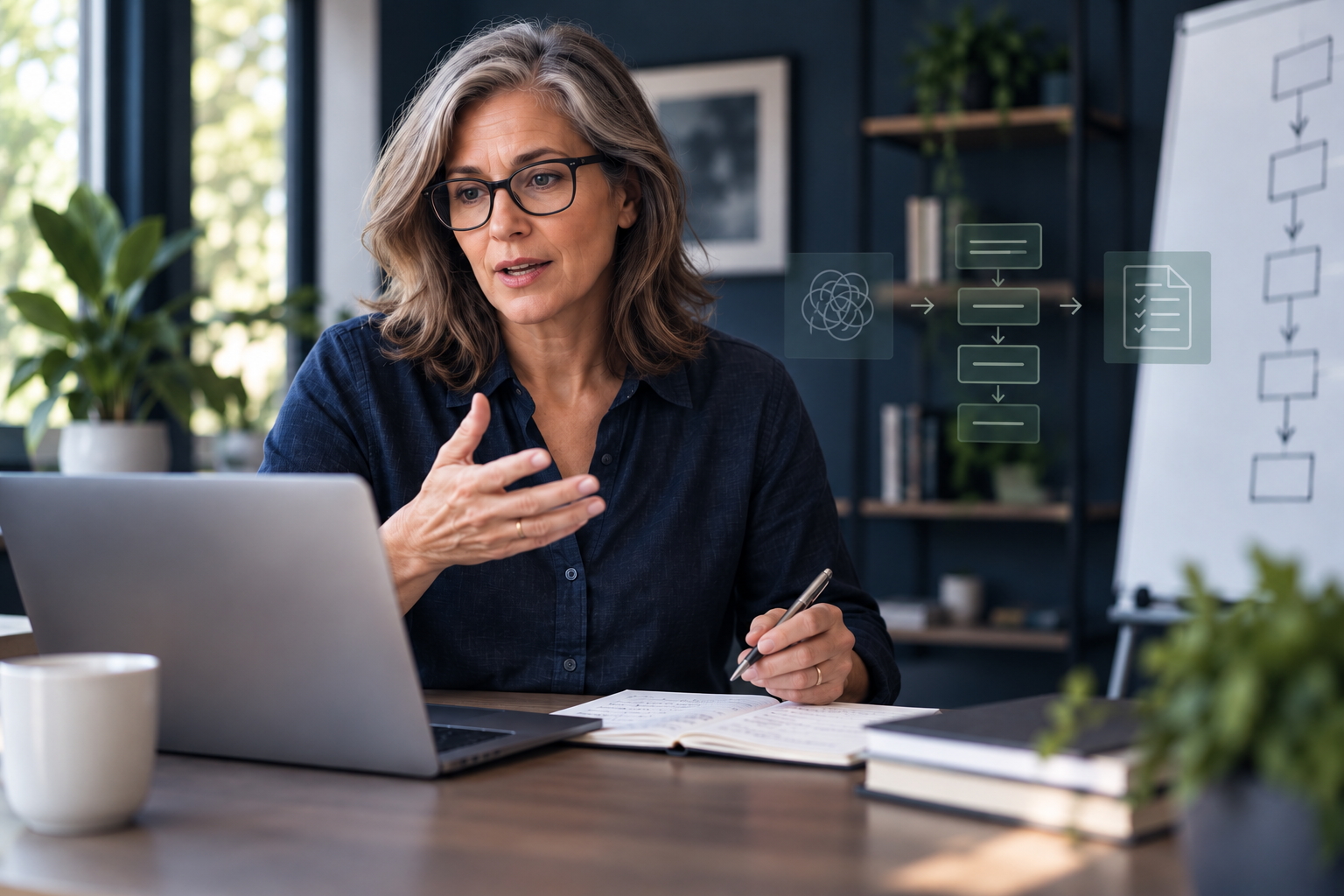 Experienced business owner explaining a workflow while knowledge is organized into a structured process.