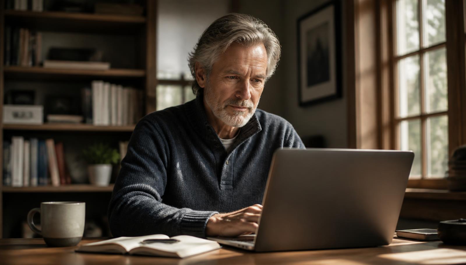 An experienced man in his late fifties working thoughtfully at a laptop in a quiet, light-filled study.