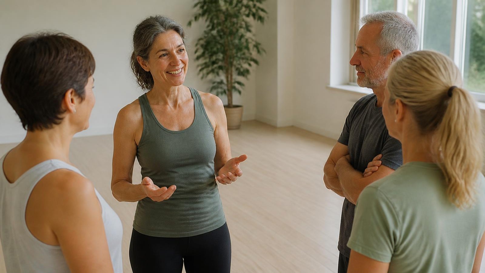 An experienced fitness professional in her early fifties speaking warmly with a small group of adults in their forties to sixties in a bright, minimal wellness studio with light wood floors and large daylight windows.