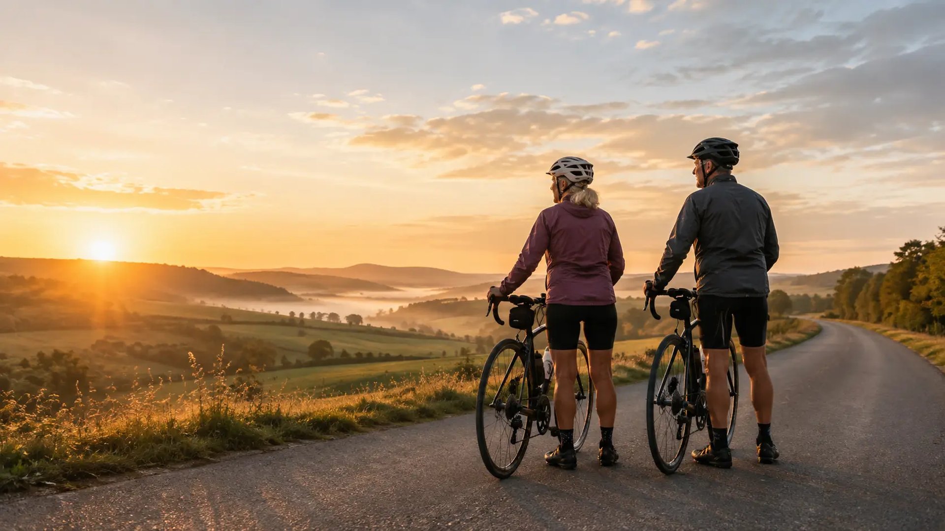 Two active mature adults enjoying a scenic countryside cycling experience