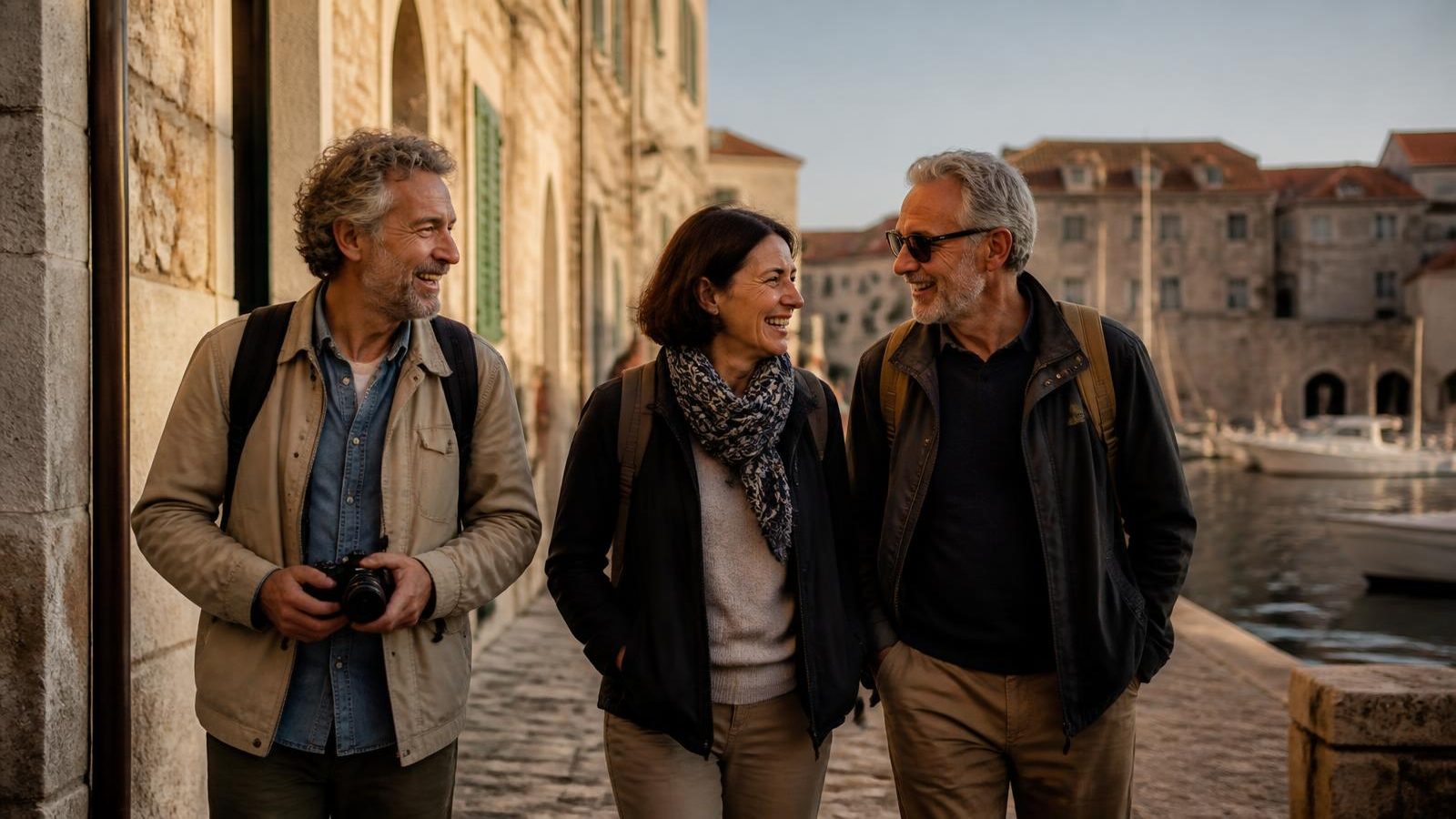 Three adults in their late fifties walking and talking together along a sunlit stone waterfront street in an old harbour town, backpacks and a camera in hand