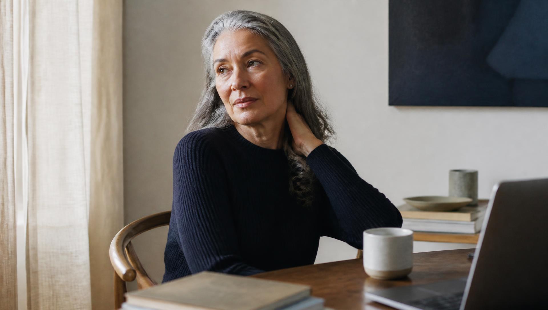 A woman in her late fifties sitting at a wooden desk in a sunlit workspace, thinking, with a laptop and books nearby