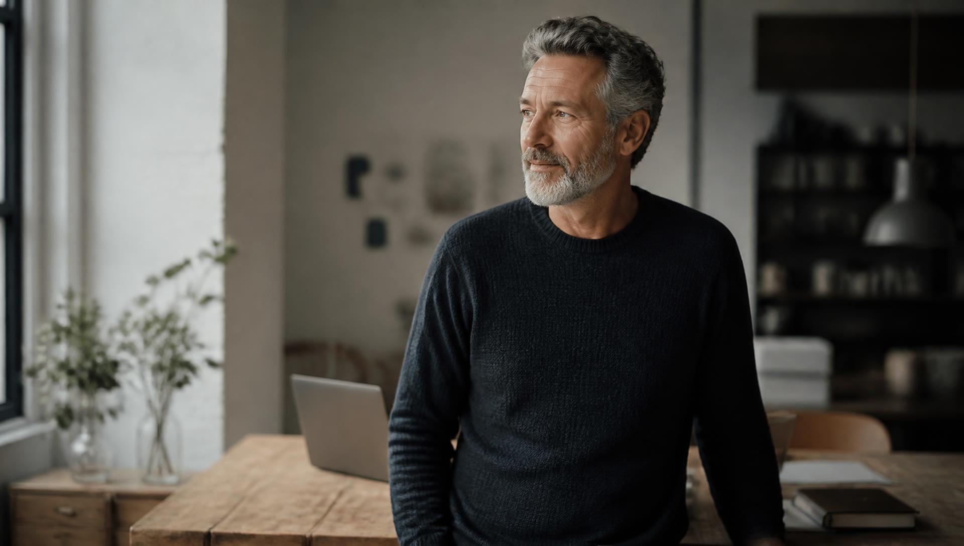 A confident man in his late fifties standing in a light-filled modern workspace, looking toward a window.