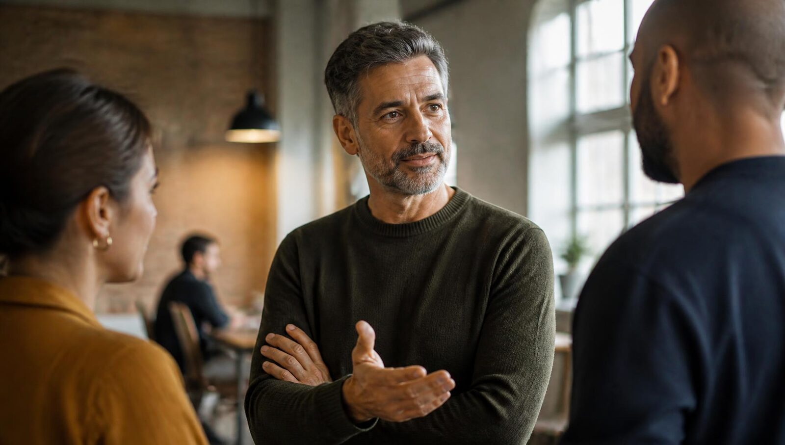 An experienced entrepreneur in his mid-fifties in conversation with two colleagues in a bright, modern community workspace.