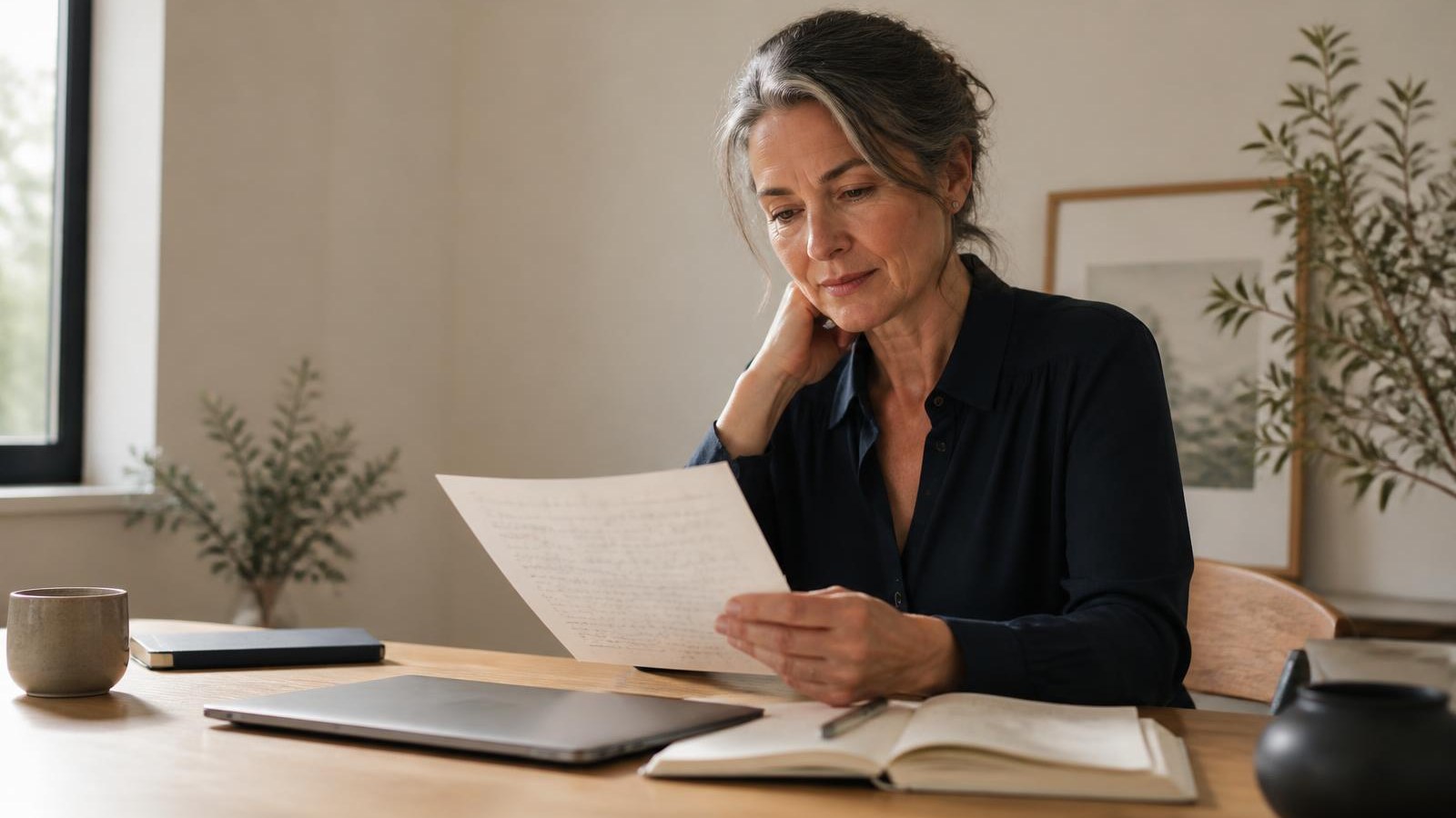 An independent professional in her fifties reviewing handwritten notes at a sunlit wooden desk in a calm, modern home workspace.
