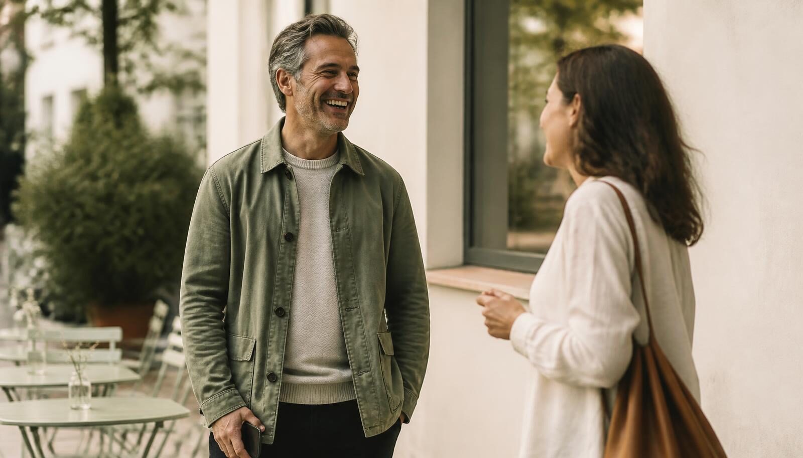 An approachable entrepreneur in his mid-fifties laughing in conversation with a colleague on a sunlit cafe patio, phone held loosely at his side.