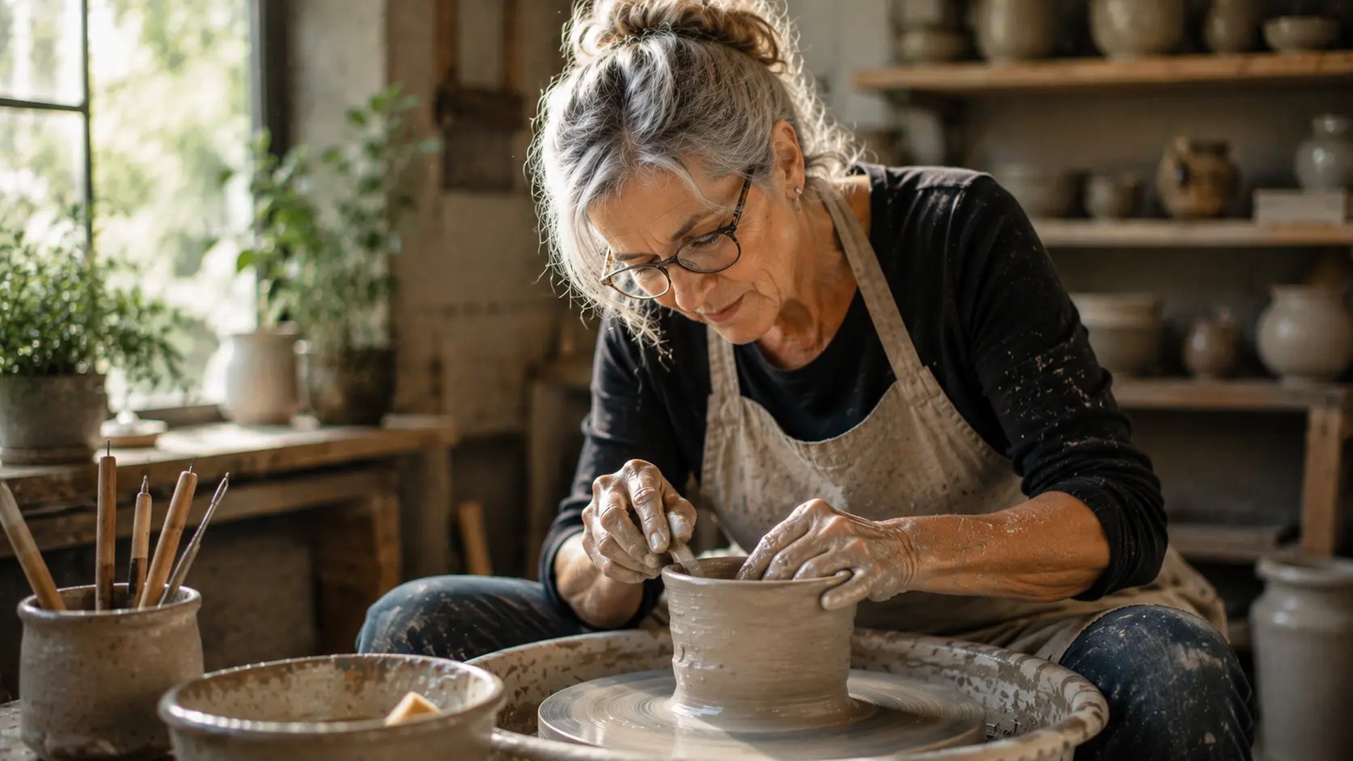 Mature woman concentrating while learning pottery in a ceramics studio