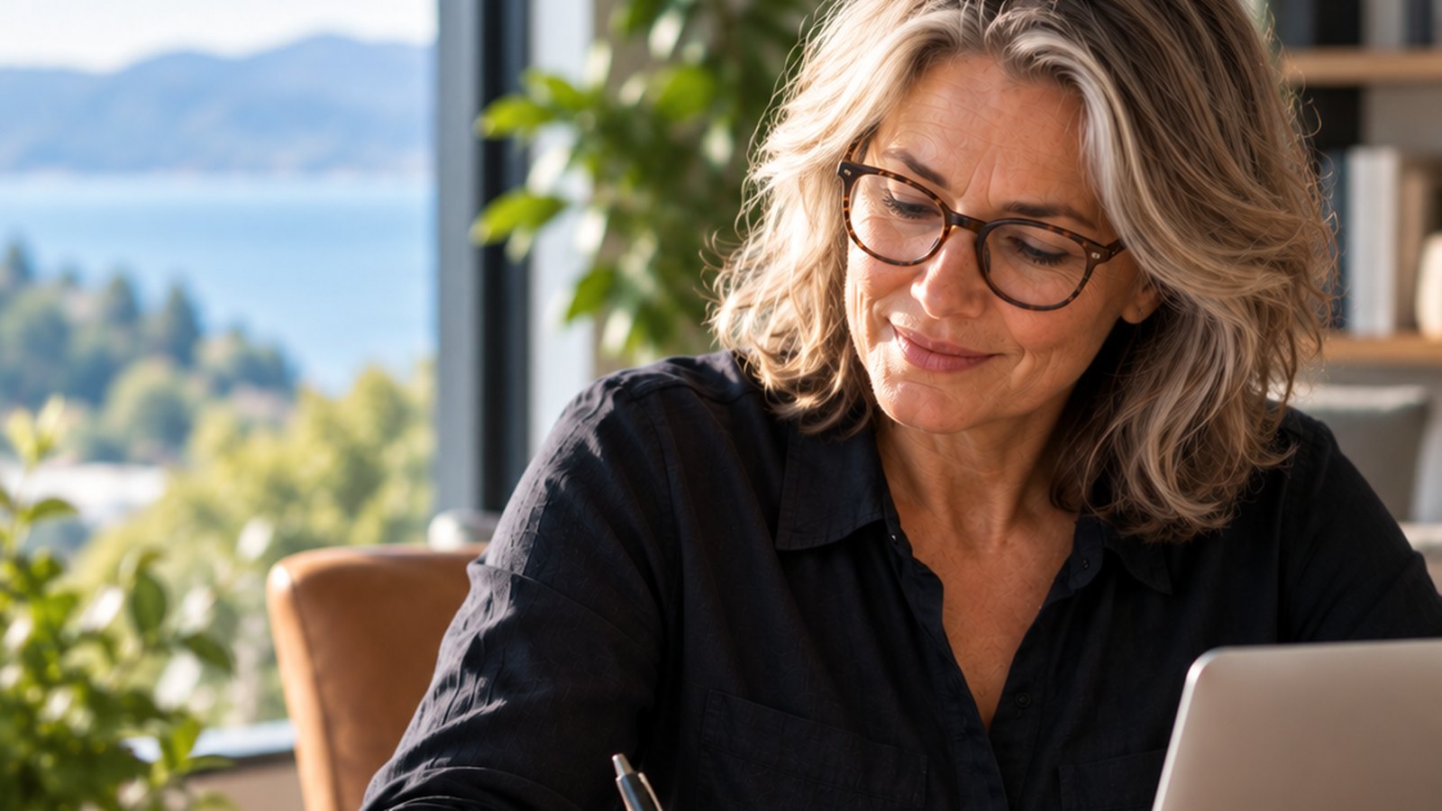 A woman in her fifties writing notes in a journal beside a laptop at a sunlit desk.