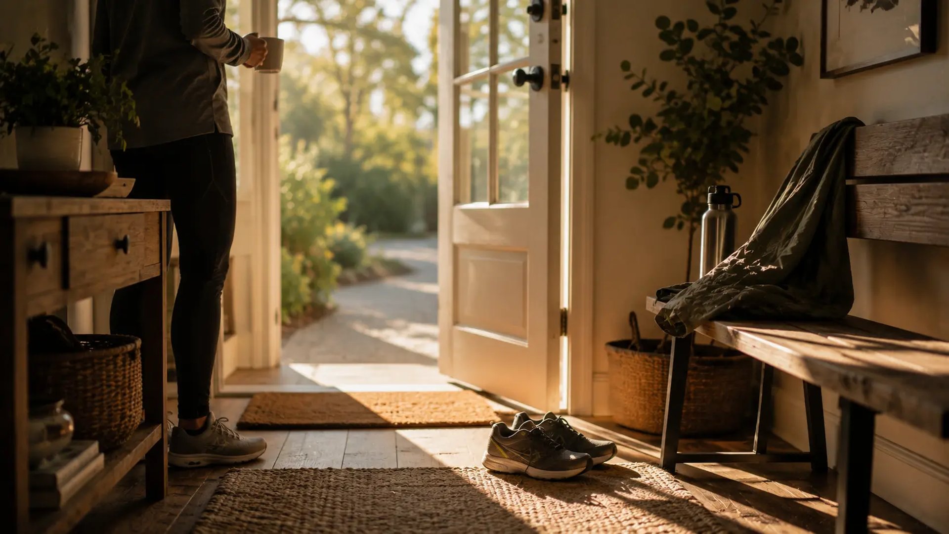 Morning shoes and open doorway suggesting the start of an active day
