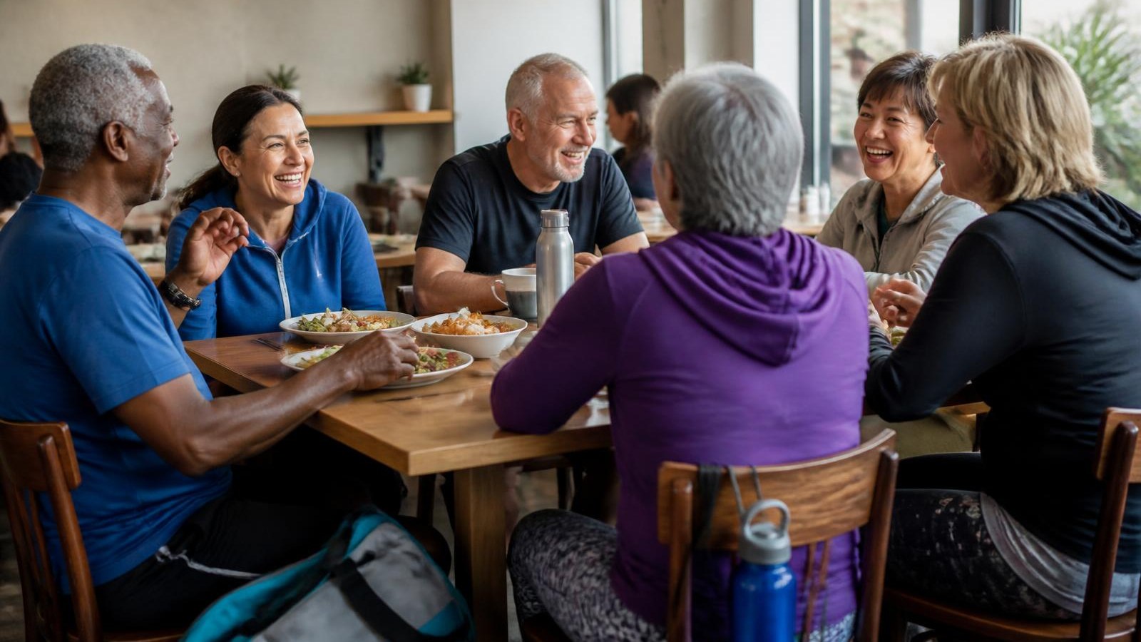 Active adults sharing lunch together after a fitness class.