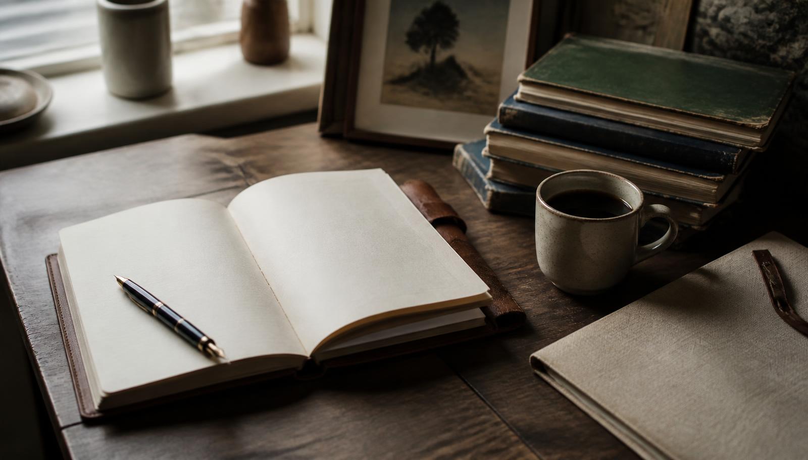 An open notebook, fountain pen and stack of well-used books on a wooden desk in warm window light