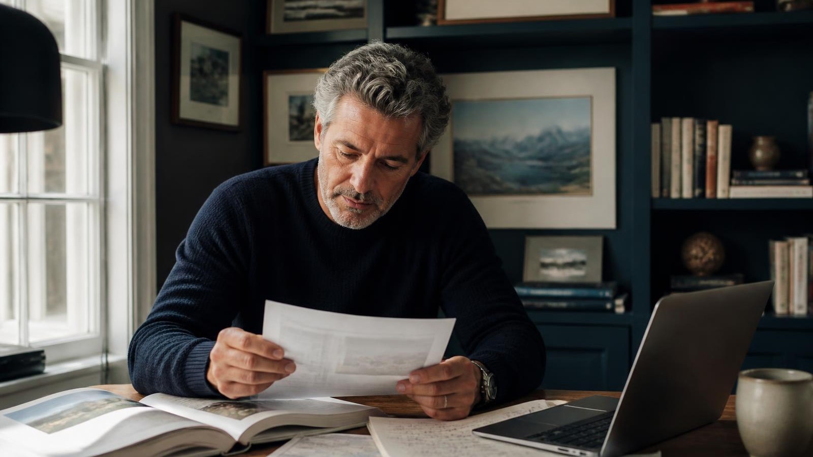 An independent travel advisor in his early fifties reviewing a printed itinerary at a wooden desk beside an open destination book, a folded map and a laptop in a calm, book-lined home office.