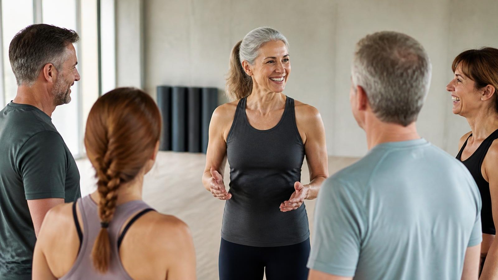 An experienced fitness instructor in her fifties coaching a small group of adults in their forties to sixties in a bright, modern studio with natural daylight.