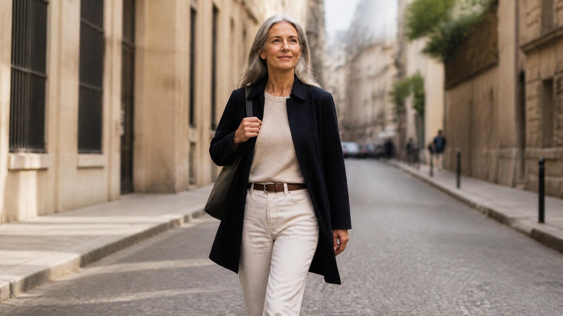 A woman in her late fifties walking with purpose along a sunlit city street, looking ahead.