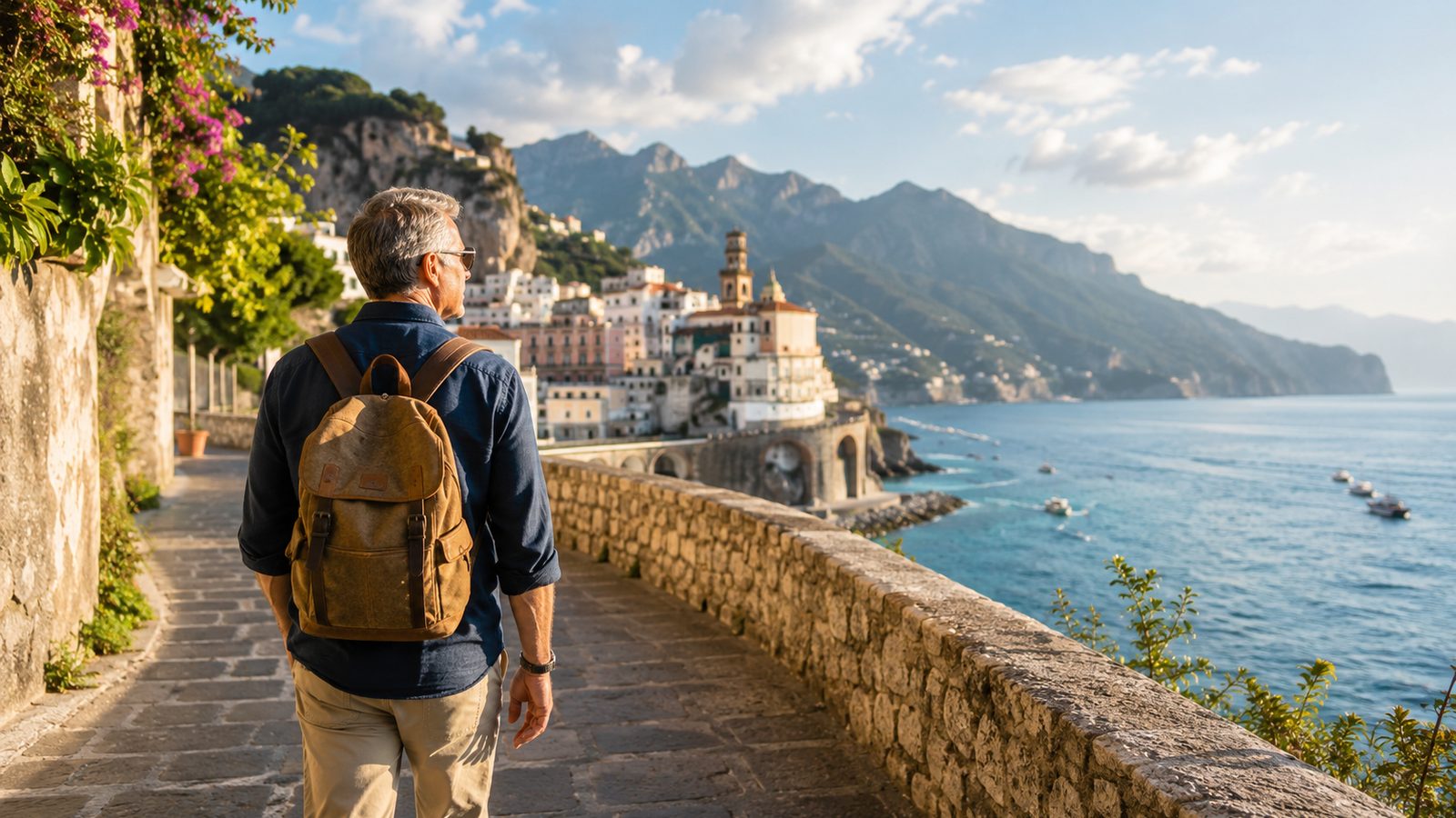 Active adult exploring a European coastal destination and looking ahead to the next chapter of life