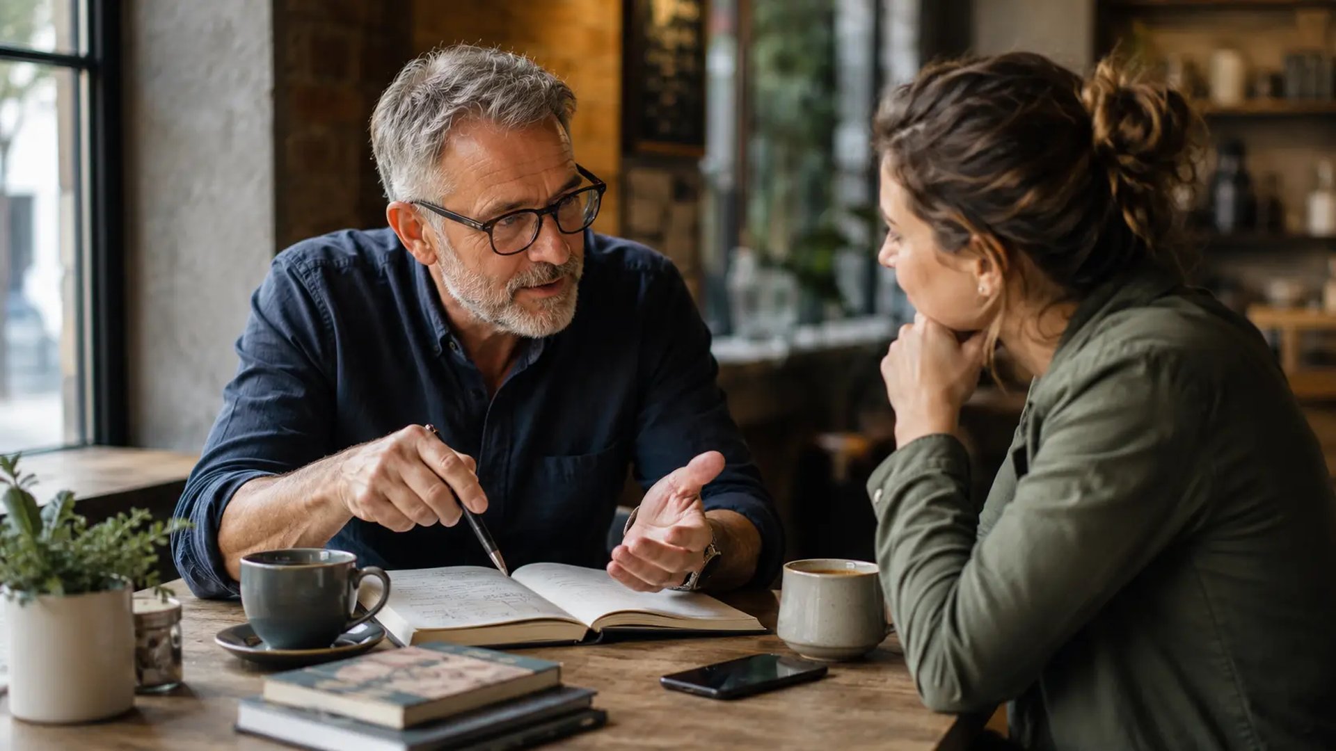 Experienced man sharing knowledge with a younger colleague over a notebook