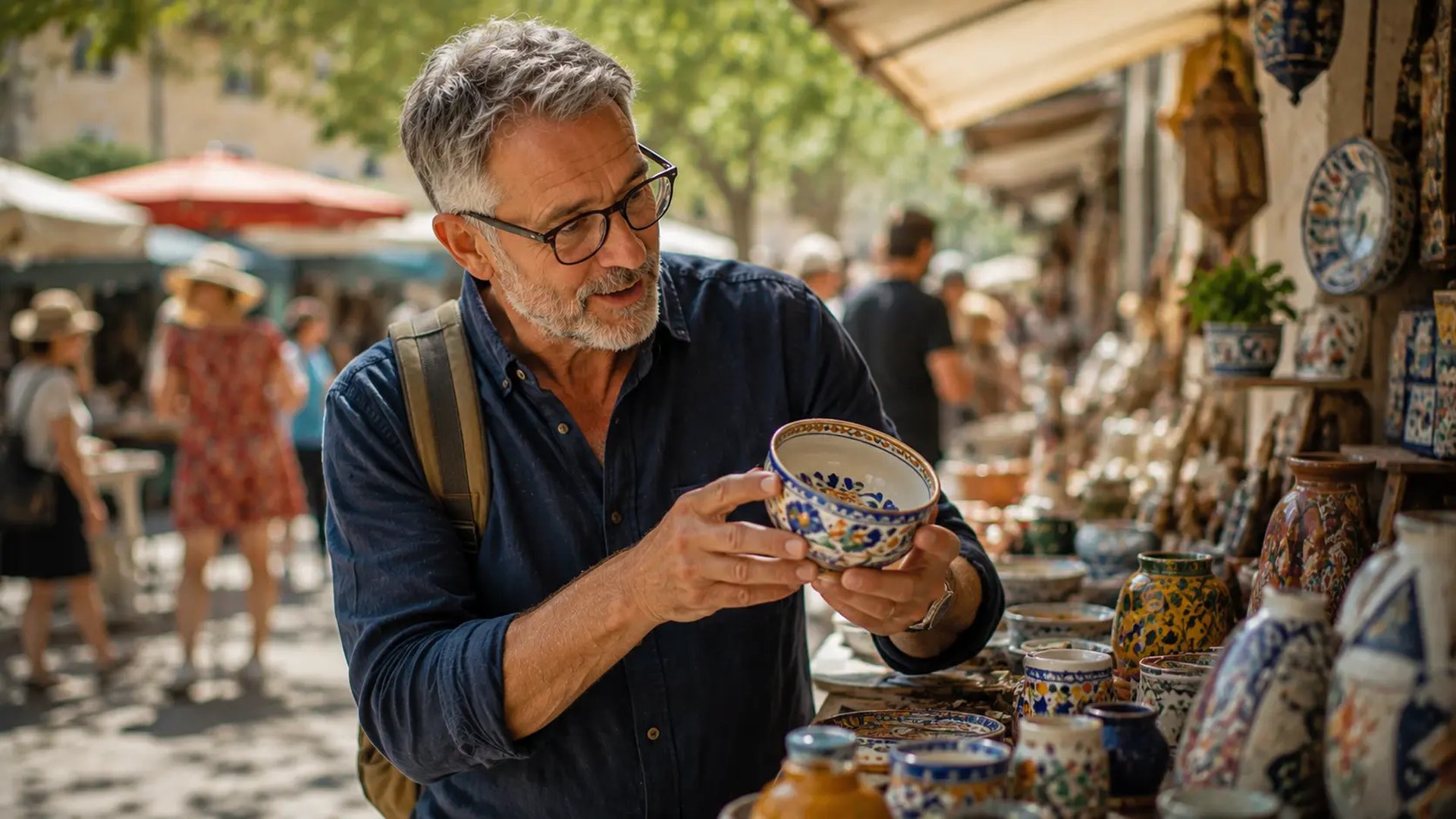 Curious mature man examining handmade pottery at an outdoor market