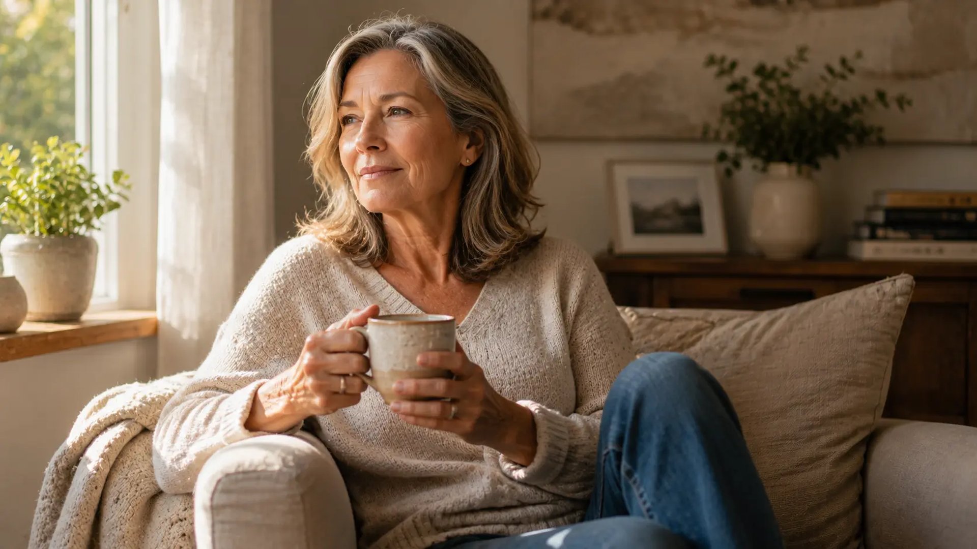 Woman reflecting quietly at home in natural morning light