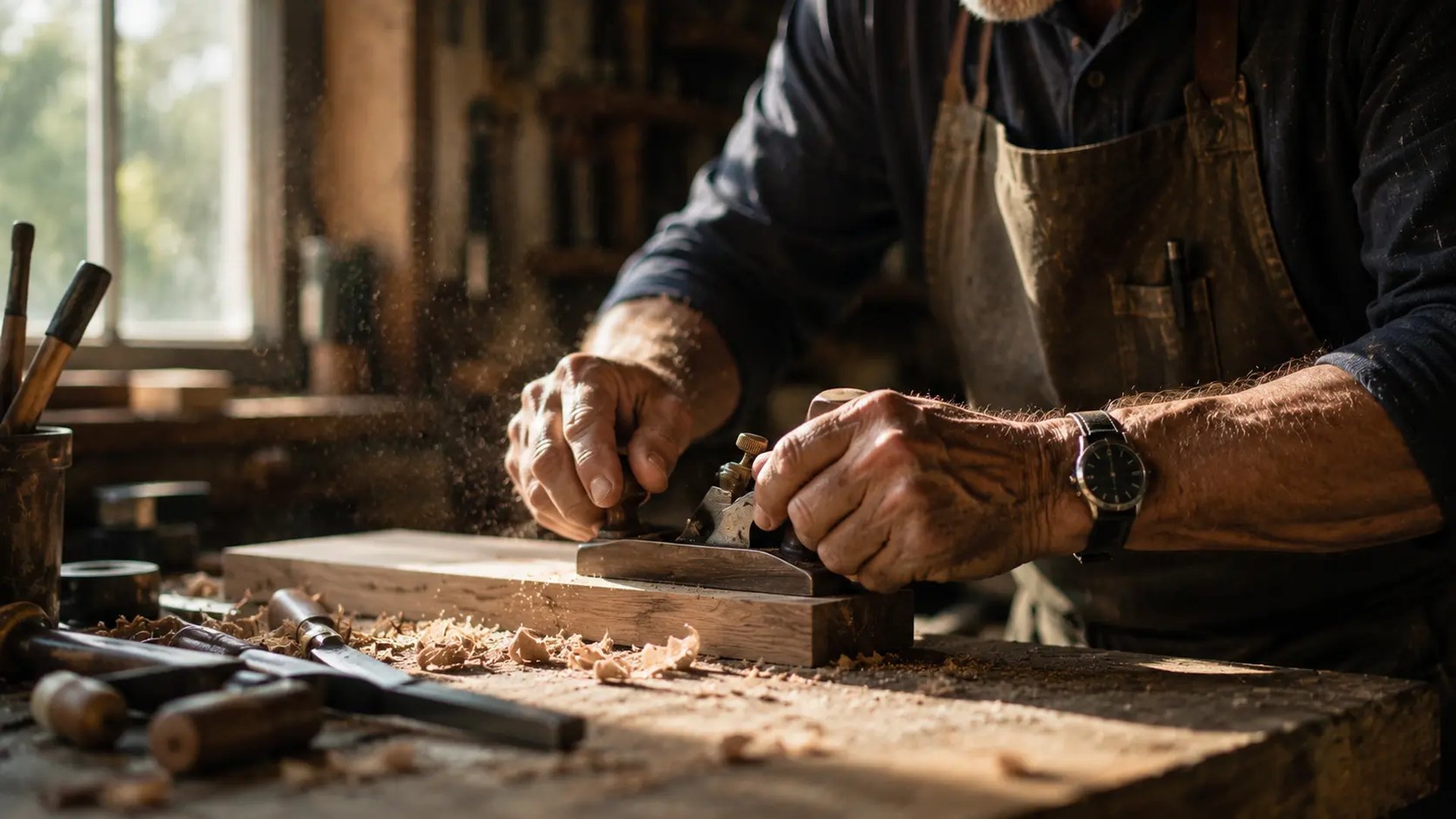 Experienced craftsman working with wood in a naturally lit workshop