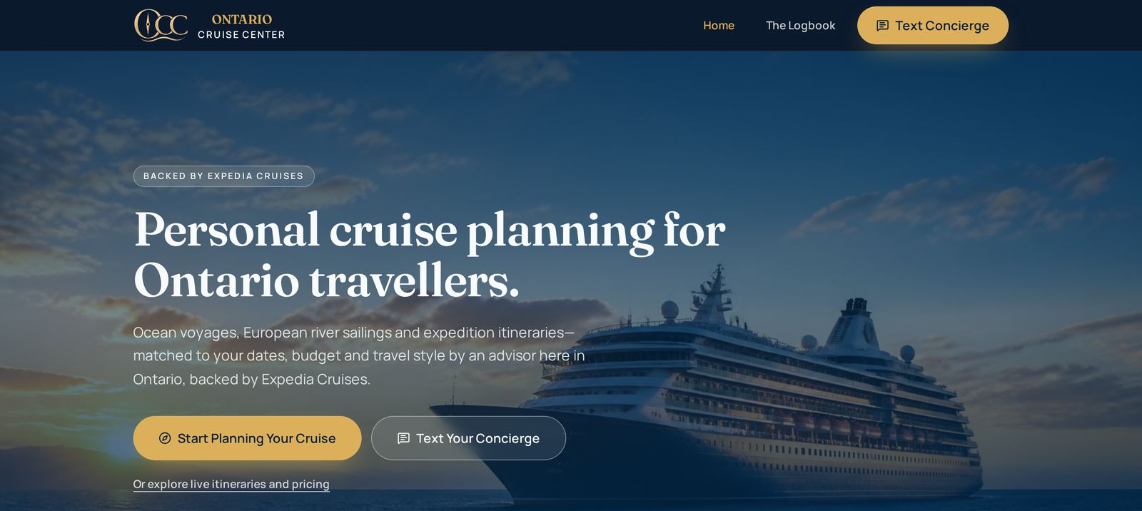 The Ontario Cruise Center website shown on a desktop screen