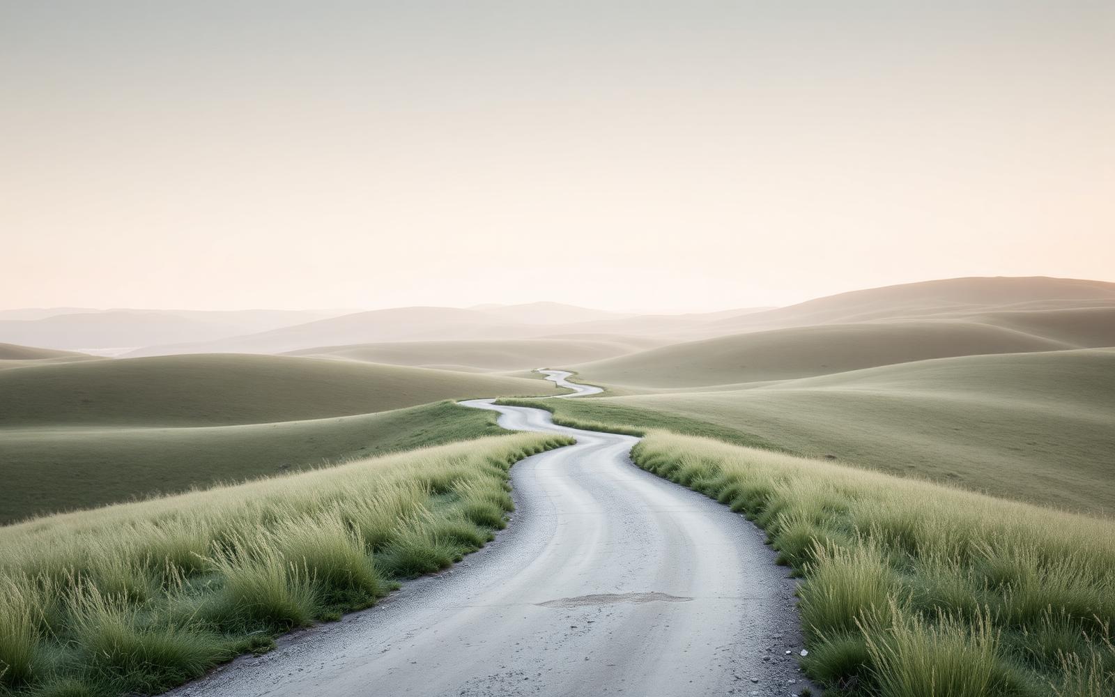 A winding path through soft rolling hills at dawn