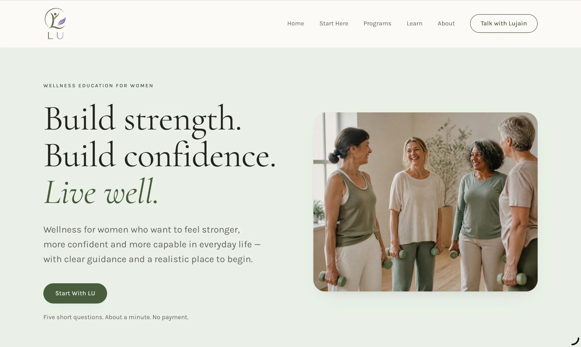 The LU Wellness homepage, showing its brand and hero message
