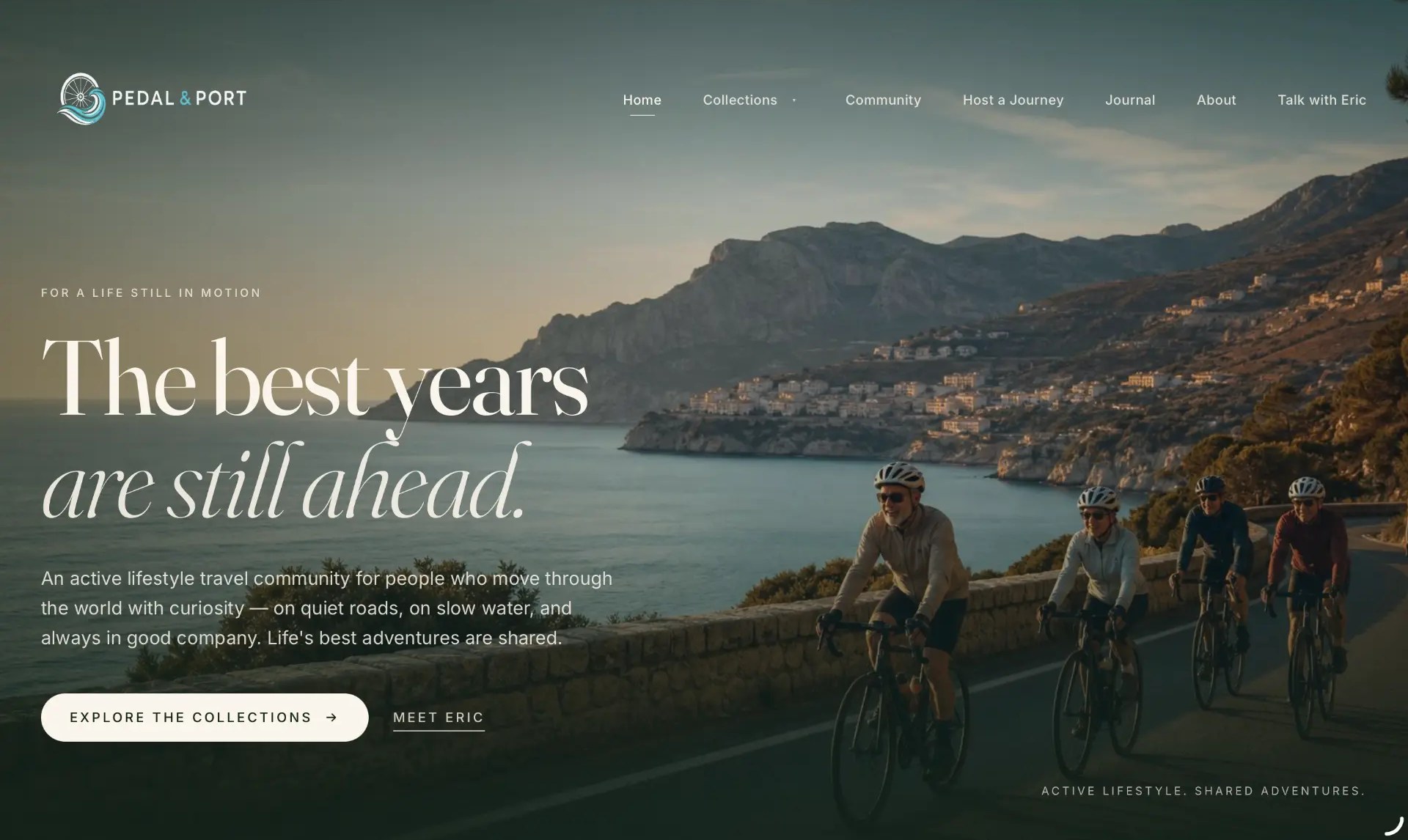 The PEDAL & PORT homepage, showing its brand and hero message