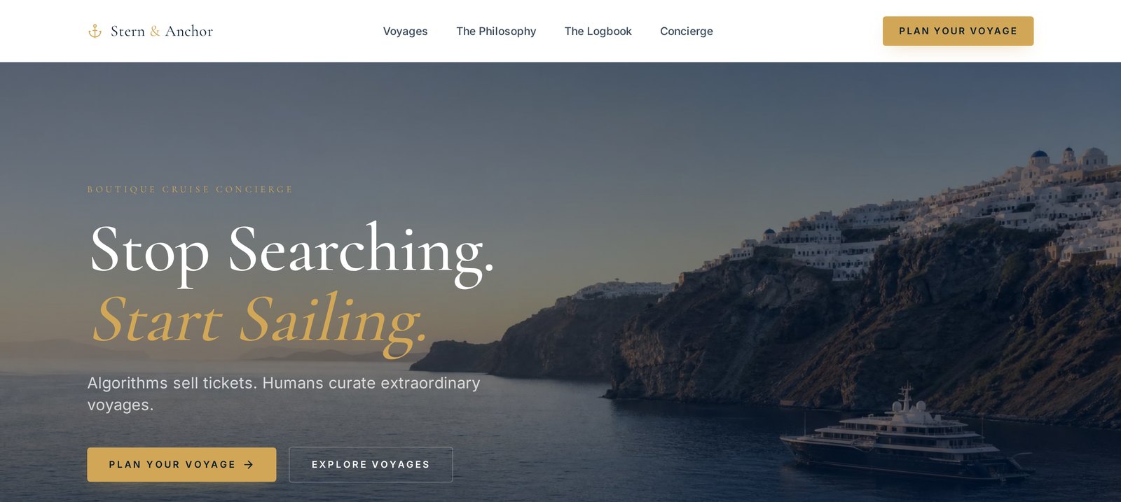 Stern & Anchor homepage showing its premium founder-led cruise advisory brand